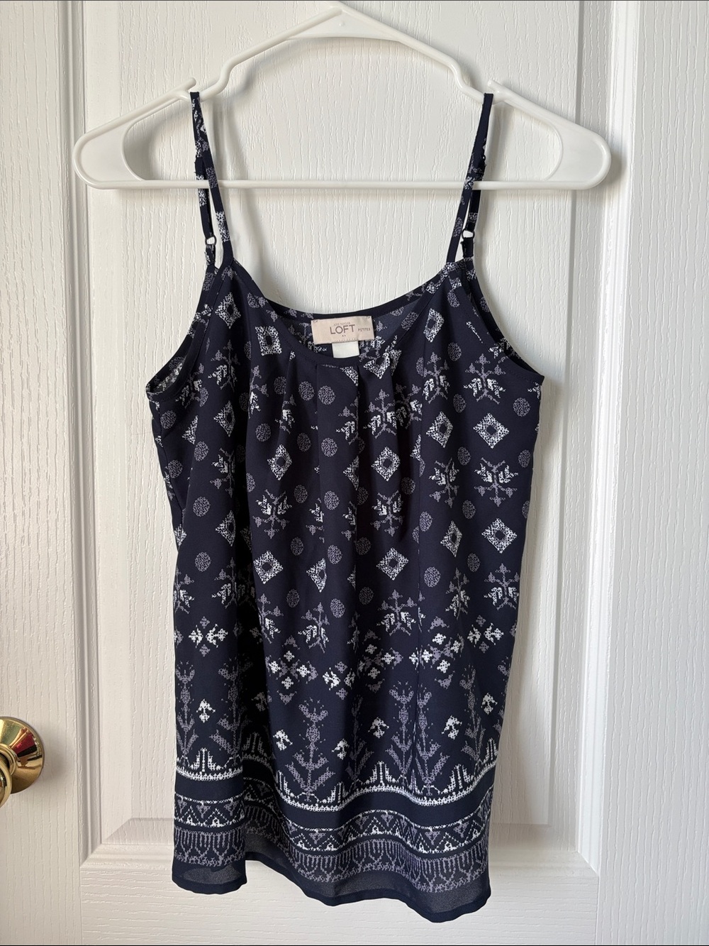 LOFT Navy and White Printed Spaghetti-Strap blouse -XS petite